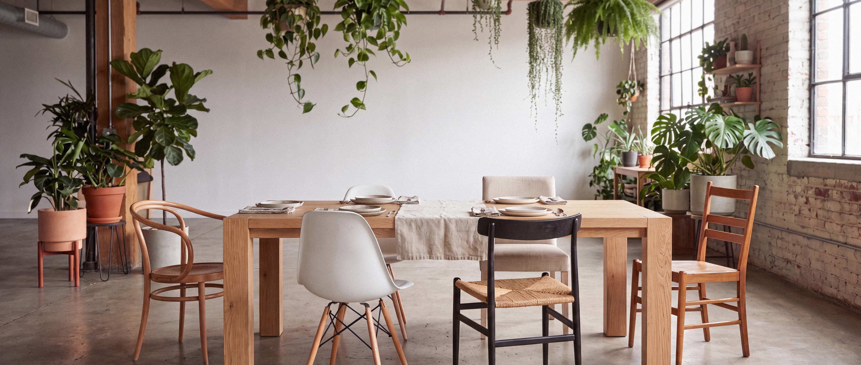 The Atelier Table in solid white oak, set for dinner in a plant-filled loft