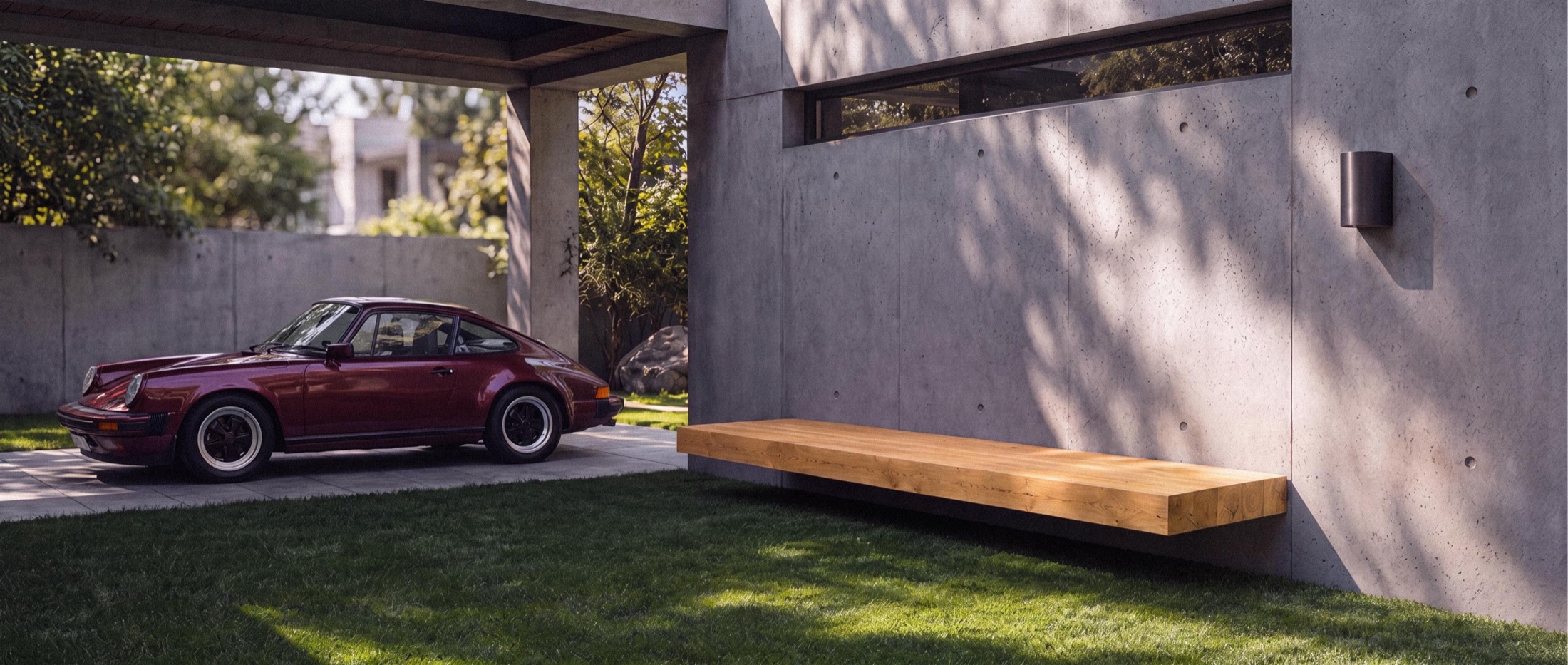 The Mill Floating Bench mounted to a concrete wall beside a classic car