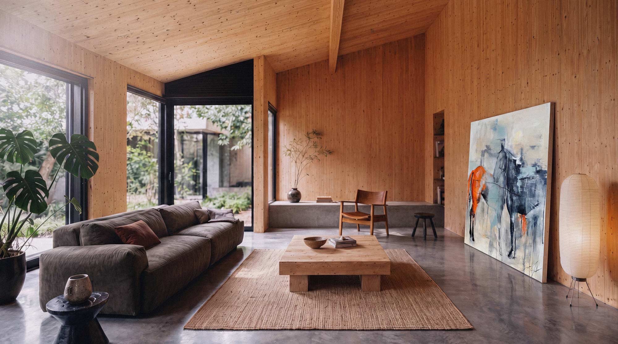 The Henniker Coffee Table in a warm, plywood-lined living room