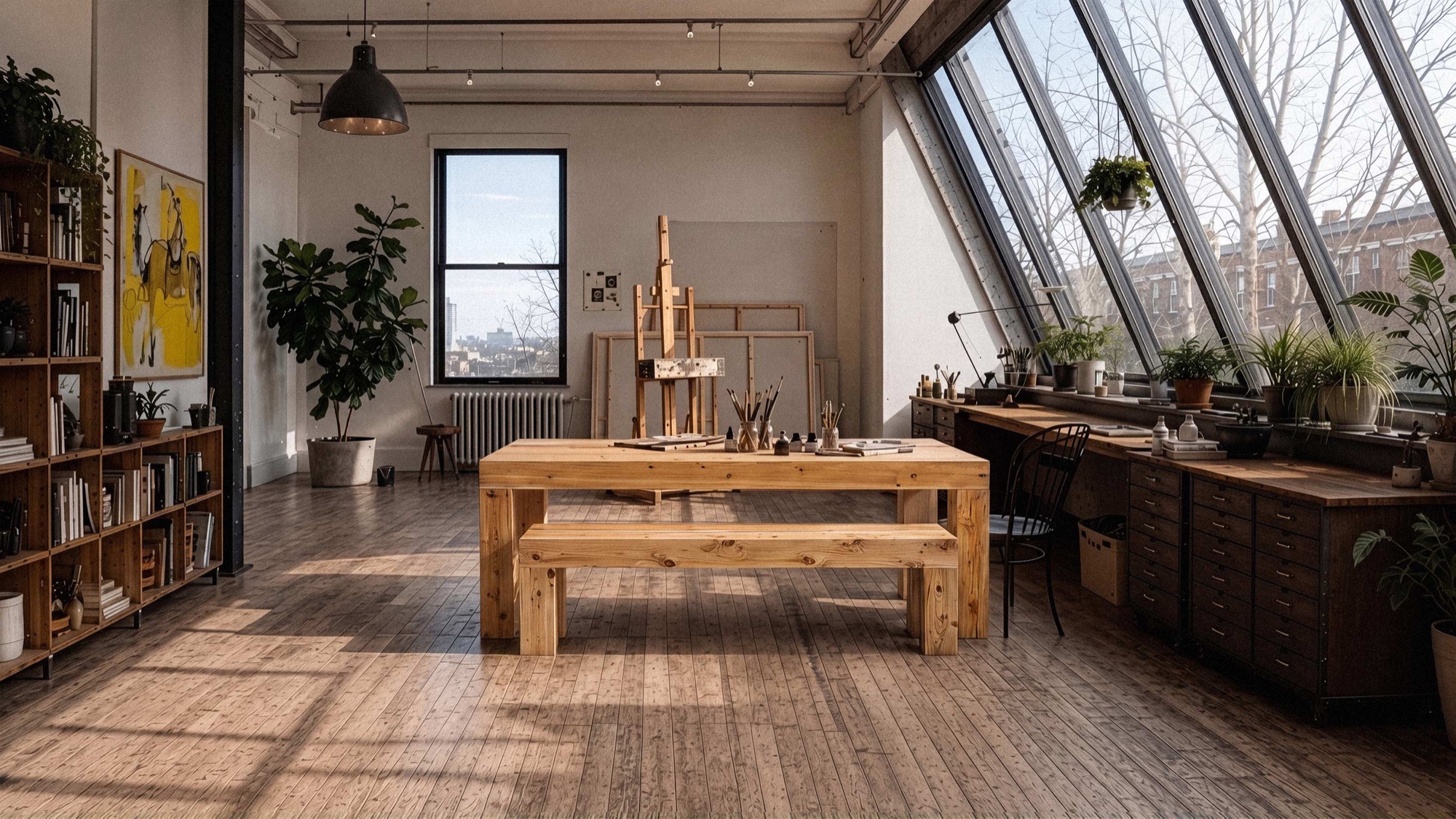 A sunlit studio loft with the Henniker Table and Bench in white cedar