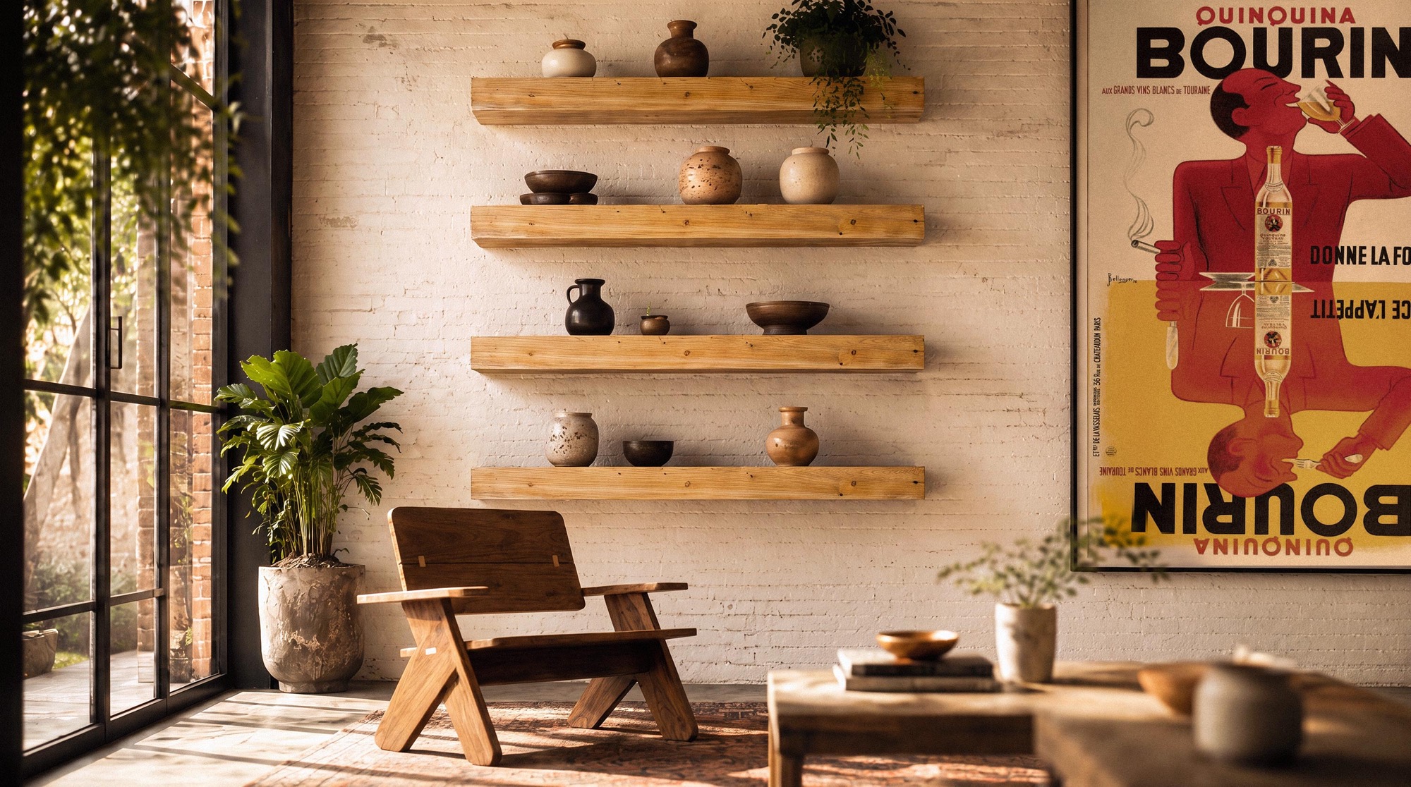 A wall of white cedar Mill Floating Shelves styled with ceramics