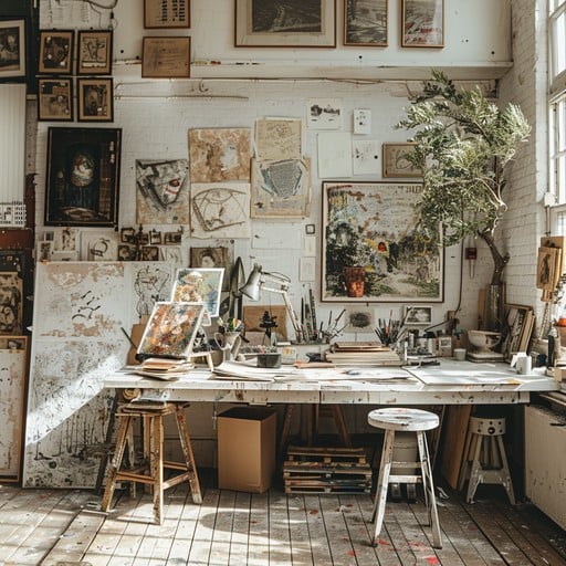The Easelwood studio, with easel, works in progress and tools